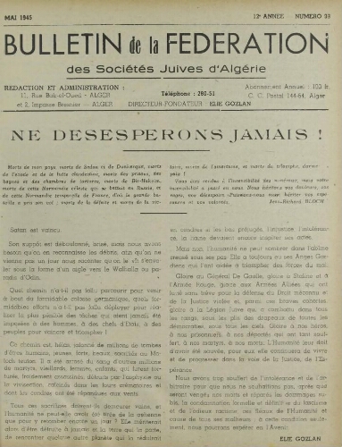 Bulletin de la Fédération des sociétés juives d’Algérie  V°12 N°099 (01/05/1945)